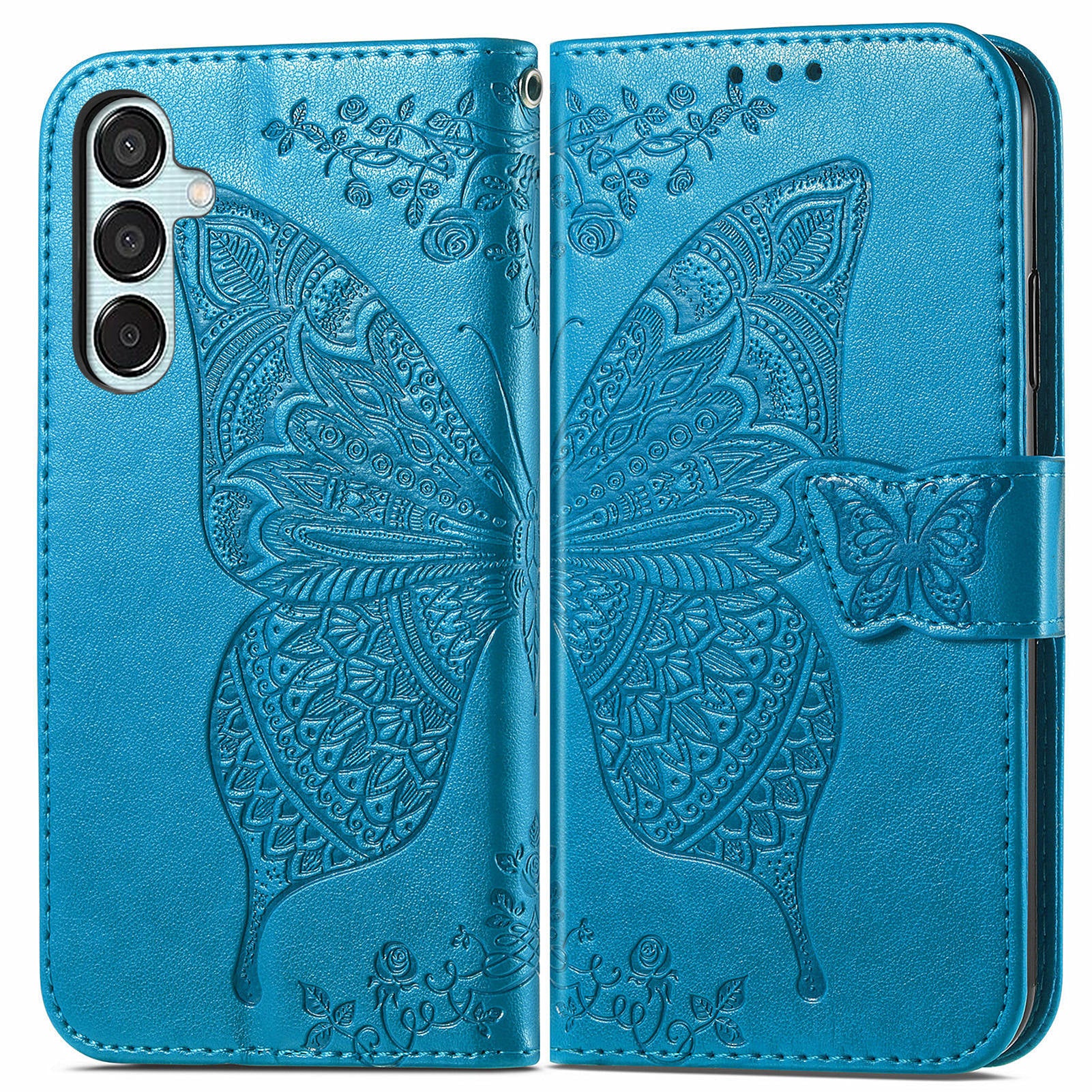 For Samsung Galaxy M15 5G Case Butterfly Pattern PU Leather Hand Strap Wallet Purse Phone Cover - Blue For Samsung Galaxy M15 5G Case Butterfly Pattern PU Leather Hand Strap Wallet Purse Phone Cover - Blue